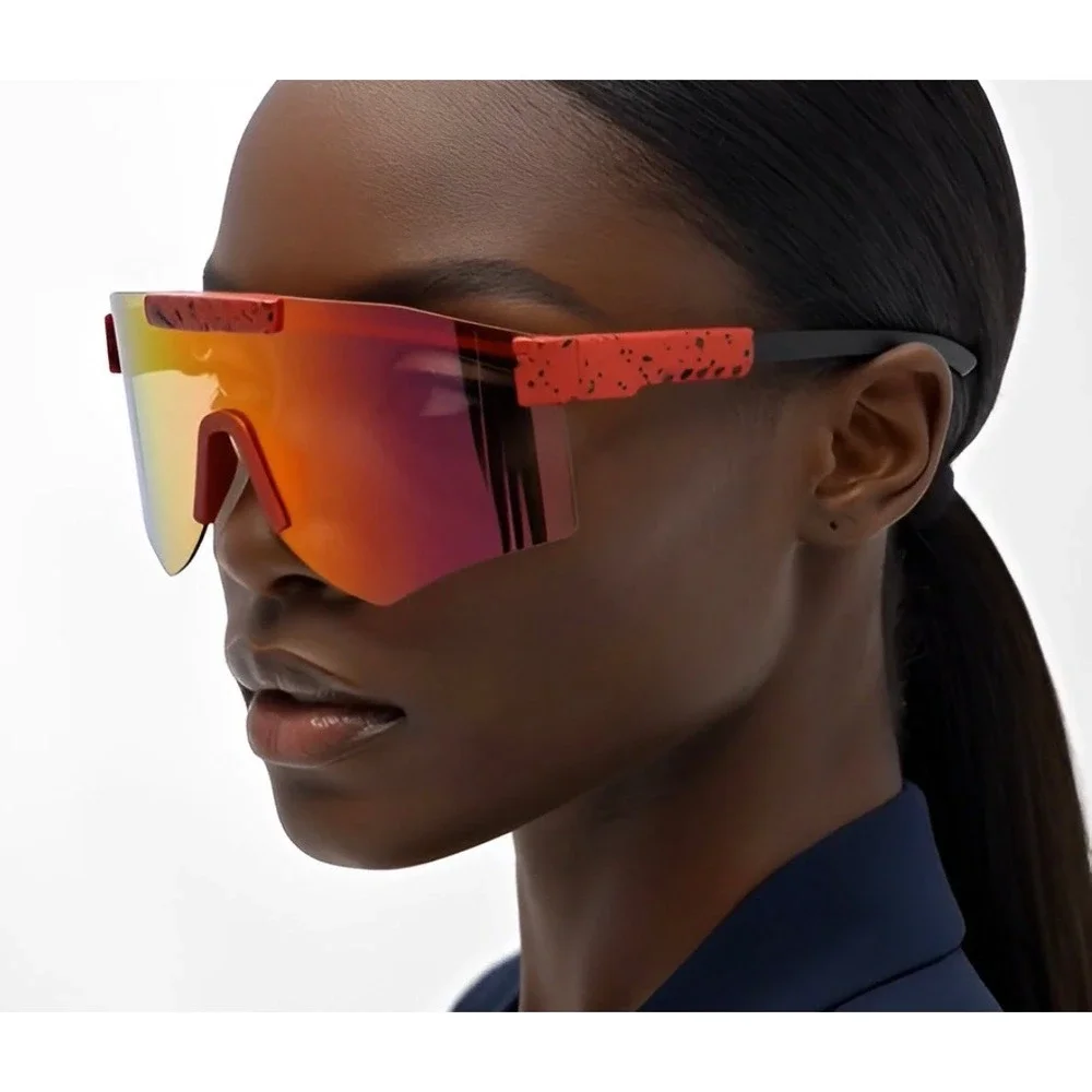 Shield Sunglasses Mirrored Lens Visor Sporty Futuristic Sunnies Red Frame Lentes